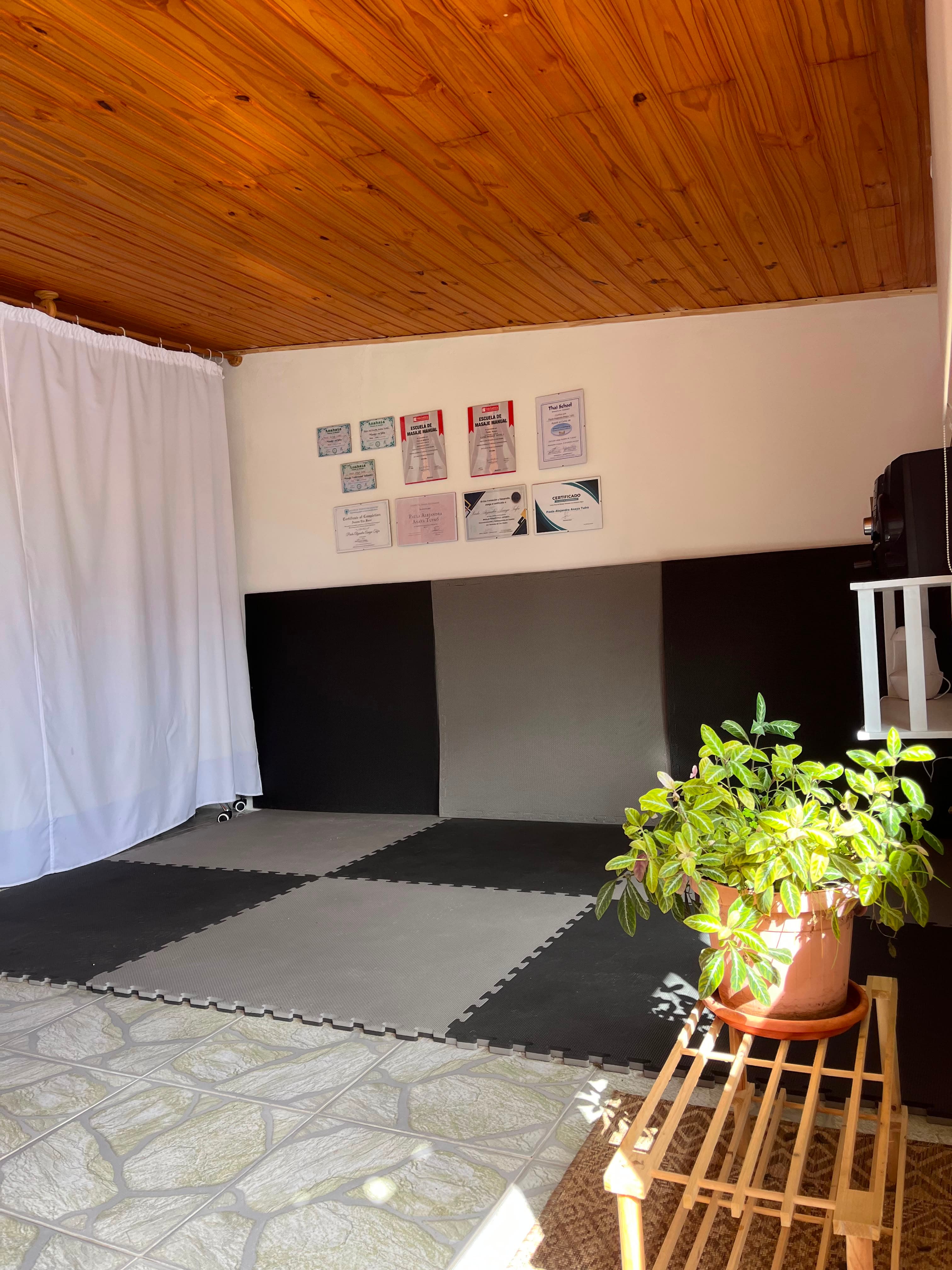 Sala de bienestar con certificados y plantas